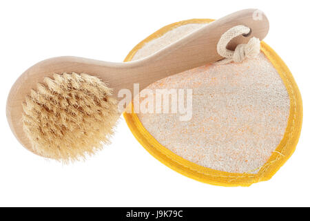 Circular loofah body scrub and brush isolated on white Stock Photo