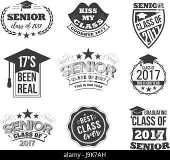 The set of black colored senior text signs with the Graduation Cap, ribbon vector illustration. Class of 2017 grunge badges on white background. Stock Vector