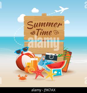 Summer time background banner design template and wooden sign season elements beach Stock Vector