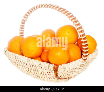 Lots of oranges in fruits basket isolated on white background Stock Photo