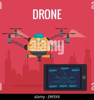 red scene city landscape set remote control tablet and big yellow robot drone with four airscrew and pair of telescope Stock Vector