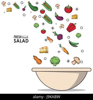 colorful poster of fresh salad with vegetables and mushroom and cheese falling in bowl Stock Vector