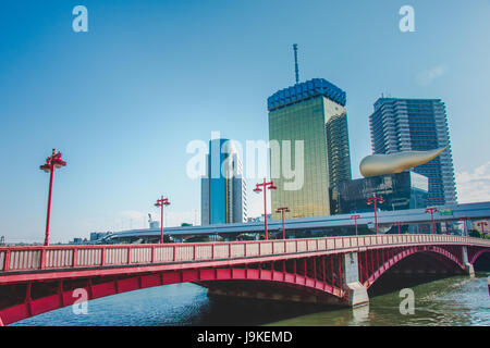 view of Azumabashi Riverside, Red Bridge on the Sumida River,opposite site can see Tokyo sky tree at Asakusa district Tokyo, Japan. Stock Photo