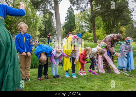 Hever Castle, England -  April 2017 : Children preparing for the tug of war rope pulling at the May Day festival at the Hever Castle, Kent, England, U Stock Photo