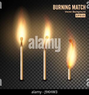 Realistic Burning Match Vector. Matchstick Flame. Transparency Grid Stock Vector