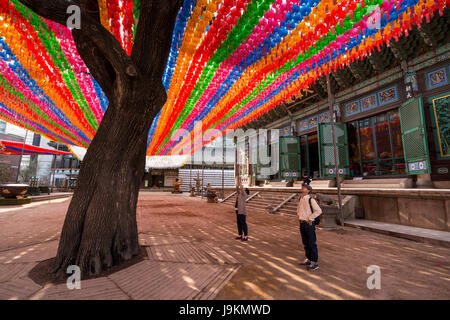 Display of colourful paper lanterns at Jogyesa Buddhist Temple to celebrate Buddha's Birthday, Seoul, South Korea Stock Photo