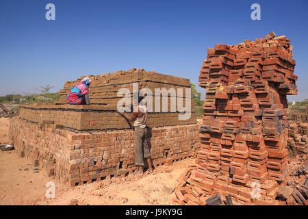 man and woman working in brick factory, Madhya Pradesh, India, Asia Stock Photo