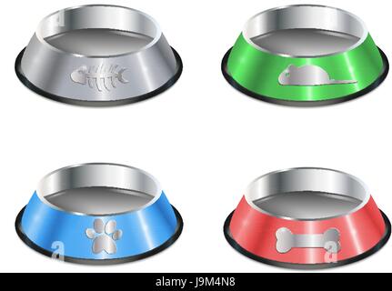 Vector set of pet plates, chrome cat dishes Stock Vector