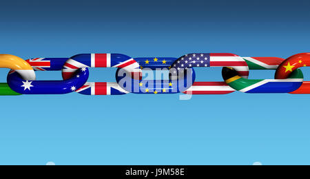 International cooperation and business collaboration concept with world flags on a chain 3D illustration. Stock Photo