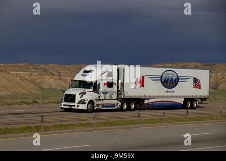 A White Volvo Semi-Truck Pulls a White 'HM' Trailer down a US Highway. Stock Photo