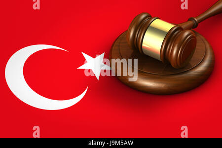 Turkey law, legal system and justice concept with a 3D rendering of a gavel on Turkish flag. Stock Photo