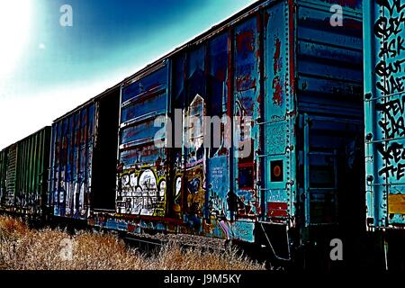 Graffiti on a Parked Train Car Stock Photo