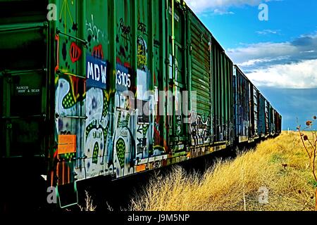 Graffiti on a Parked Train Car Stock Photo