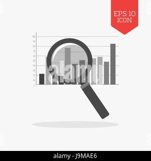 Magnifying glass over chart icon. Analysis concept. Flat design gray color symbol. Modern UI web navigation, sign. Illustration element Stock Vector