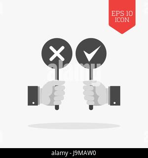Hands holding right and wrong signs icon. Flat design gray color symbol. Modern UI web navigation. Illustration element Stock Vector