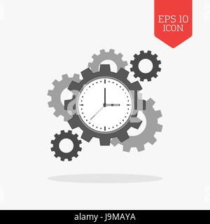 Clock with cogwheels icon. Time management concept. Flat design gray color symbol. Modern UI web navigation, sign. Illustration element Stock Vector