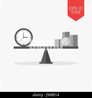 Clock and coins on seesaw icon, time is money concept. Flat design gray color symbol. Modern UI web navigation, sign. Illustration element Stock Vector