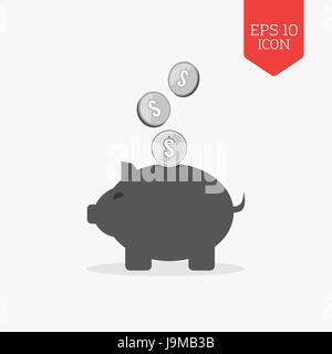 Piggy bank and coins icon. Money savings concept Flat design gray color symbol. Modern UI web navigation, sign. Illustration element Stock Vector