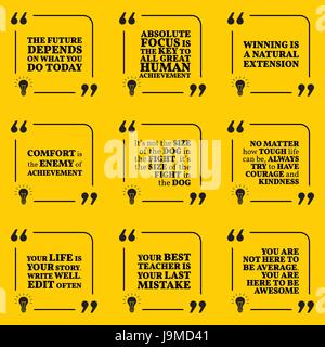 Set of motivational quotes about future, goals, comfort, action, winning, courage, kindness, achievement, focus and success. Simple note design typogr Stock Vector