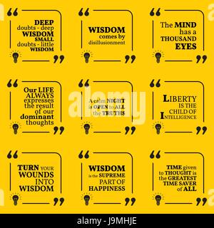 Set of motivational quotes about wisdom, intelligence, positive thinking and happiness. Simple note design typography poster. Vector illustration Stock Vector