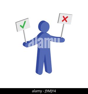 Figure man holding right and wrong signs. Flat Isometric Icon or Logo. 3D Style Pictogram for Web Design, UI, Mobile App, Infographic. Vector Illustra Stock Vector