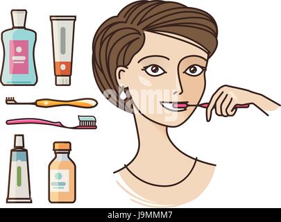 Hygiene of oral cavity. Beautiful girl brushing teeth. Toothpaste, toothbrush, mouthwash, personal hygiene icon or symbol. Vector illustration Stock Vector