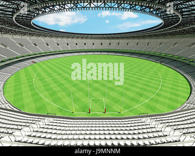 3D render of a round Australian rules football stadium with  white seats and VIP boxes for fifty thousand fans Stock Photo