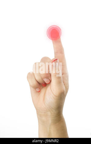 Woman hand pushing a red button. Hand of female pointing up isolated on white background Stock Photo