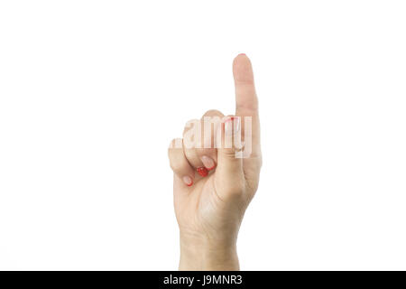 Woman hand press button isolated on white background. Concept hand touching, pointing or pressing. Stock Photo