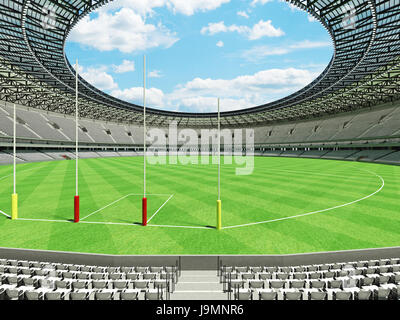 3D render of a round Australian rules football stadium with  white seats and VIP boxes for fifty thousand fans Stock Photo