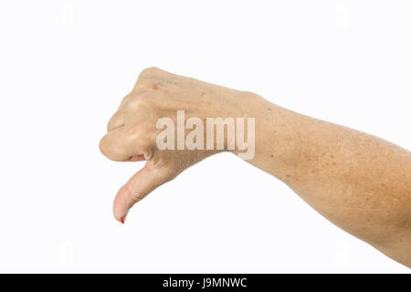 Thumb down woman hand sign isolated on a white background. Gesture female hand clipping path. Not ok or negative concept. Studio shot. Stock Photo