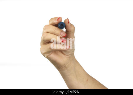 Hand with marker isolated on white background. Woman hand holding marker and writing or drawing with space for text. Clipping path. Stock Photo