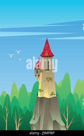 Digital vector, fairytale and fantasy castle with red roof built on a rock in the green forest, dark blue sky with white birds, flat style Stock Vector