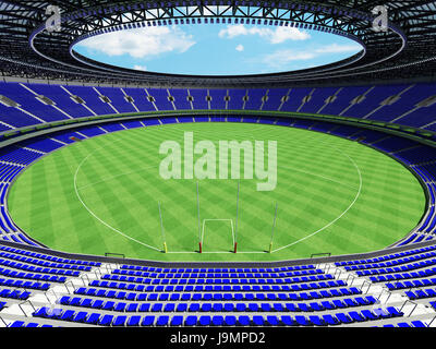 3D render of a round Australian rules football stadium with  blue seats and VIP boxes for fifty thousand fans Stock Photo