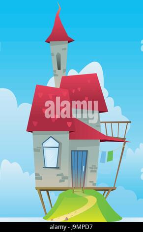Digital vector, fairytale and fantasy castle with red roof built on a green hill, dark blue sky with white clouds, flat style Stock Vector