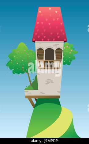 Digital vector, fairytale and fantasy castle with red roof built on a green hill with trees, dark blue sky with white clouds, flat style Stock Vector