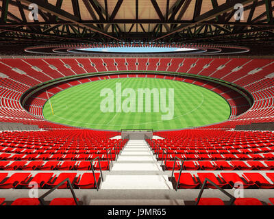 3D render of a round Australian rules football stadium with  red seats and VIP boxes for fifty thousand fans Stock Photo