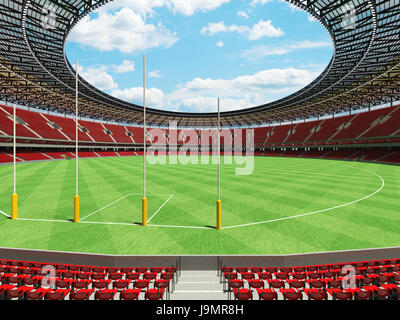 3D render of a round Australian rules football stadium with  red seats and VIP boxes for fifty thousand fans Stock Photo