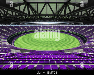 3D render of a round Australian rules football stadium with  purple seats and VIP boxes for fifty thousand fans Stock Photo