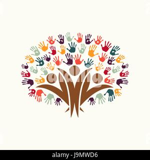 Handprint tree symbol with people silhouettes. Diverse community concept illustration for organization help, environment project or social work. EPS10 Stock Vector