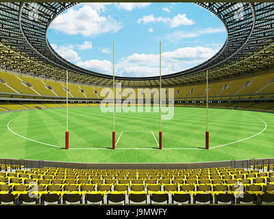 3D render of a round Australian rules football stadium with  yellow seats and VIP boxes for fifty thousand fans Stock Photo