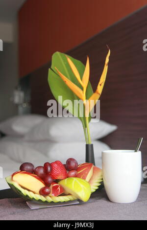 cup, room, bed, progenies, fruits, fruit, hotel, coffee, bowl, cup, office, Stock Photo
