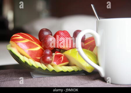 tea, progenies, fruits, fruit, bowl, coffee, cup, tea, travel, bed, progenies, Stock Photo