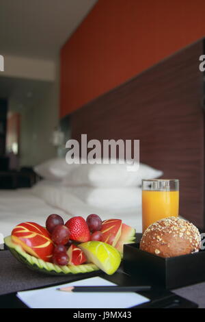 room, basket, fruit, hotel, bedroom, amenity, healthy, bread, travel, room, Stock Photo