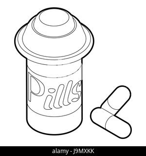 Pills in jar icon, outline style Stock Vector