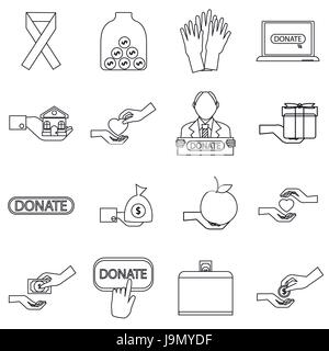 Charity icons set, outline style Stock Vector