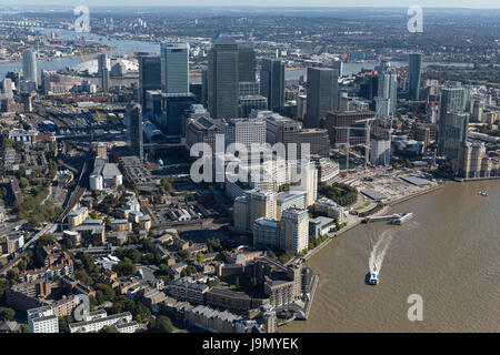 Aerial view of the large commercial buildings at Canary Wharf, Isle of Dogs, Tower Hamlets, East London Stock Photo