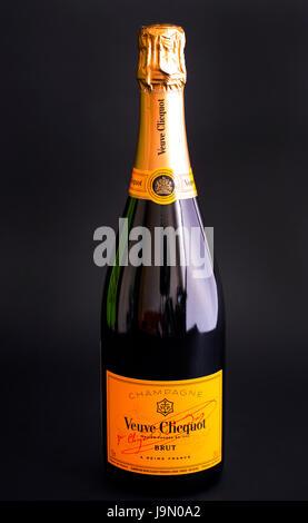 Tambov, Russian Federation - August 16, 2015 Bottle of Champagne Veuve Clicquot Brut on black background. Studio shot. Stock Photo