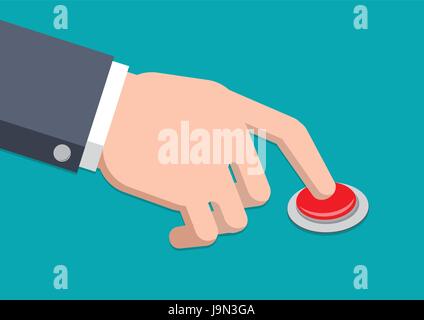 A hand in suit pressing red button, Isolated flat design style on blue background. Vector illustration. Stock Vector