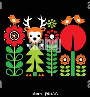 Scandinavian folk art pattern with flowers and animals, Finnish inspired design on black Stock Vector